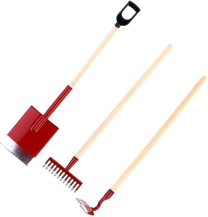 3-Piece Set Miniature Garden Tools, 1:12 Mini Shovels and Rake Farm Tools, Fairy Garden Dollhouse Accessories Furniture Toy Sets (Red, 3.2 Inches)