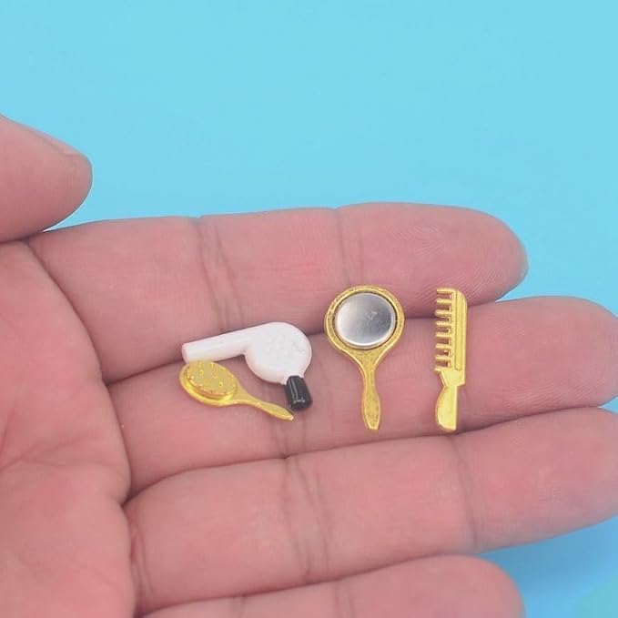 4Pcs Miniature Comb Hair Dryer Mirror Makeup Set /12 Dollhouse Decorations Hair Dryer Dollhouse Mirror Miniature Bathroom Accessory Furniture, Decorations