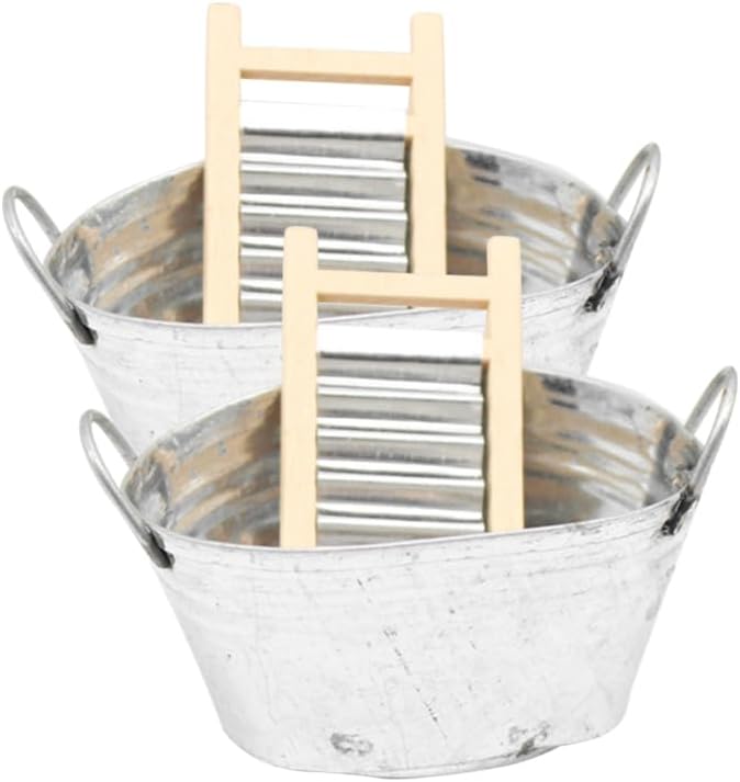 BESPORTBLE Mini Tinplate Basin Set of 2 Dollhouse Accessories Silver Iron Miniature Washboard for 1 12 Scale Doll House Bathroom Decor