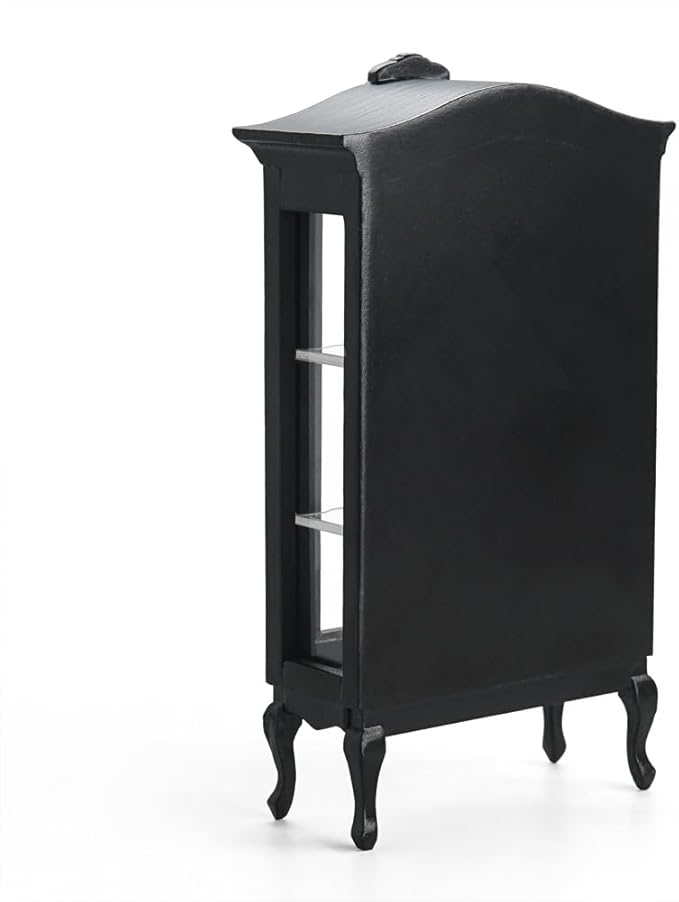 Odoria Dollhouse Curio Cabinet Miniature: 1/12 Scale Display Bookcase for Victorian Living Room - Mini Vintage Storage Shelf with Mirror - Tiny Wood Black Furniture Antique
