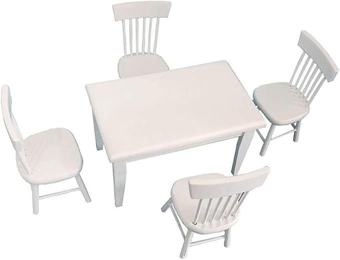 Dollhouse Decoration Accessories, 1:12 Dollhouse Miniature Furniture Wooden White Dining Table Chair Model Set
