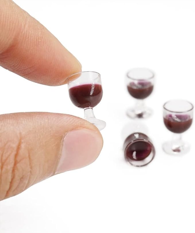4Pcs Mini 1/12 ScaleBar Set with Red Wine Glasses and Bottles, Realistic Dollhouse Miniatures for Architectural Models, Photography Props and Display Collections