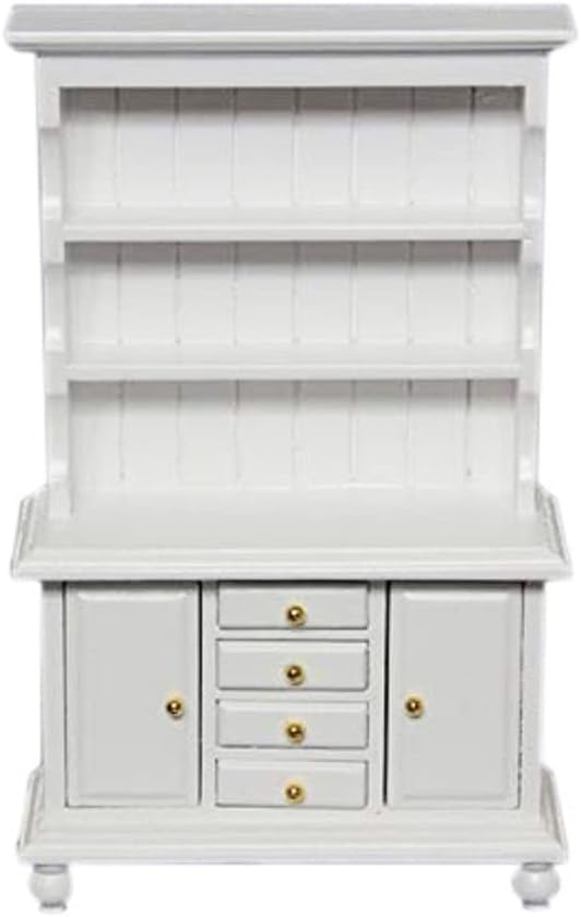 1:12 Scale Miniature Cupboard Bookshelf Classic Wooden Mini Storage Hutch Kitchen Dollhouse Bookshelf Wood Cabinet 1:12 Furniture Display Showcase Decoration Sideboard Accessories (White)