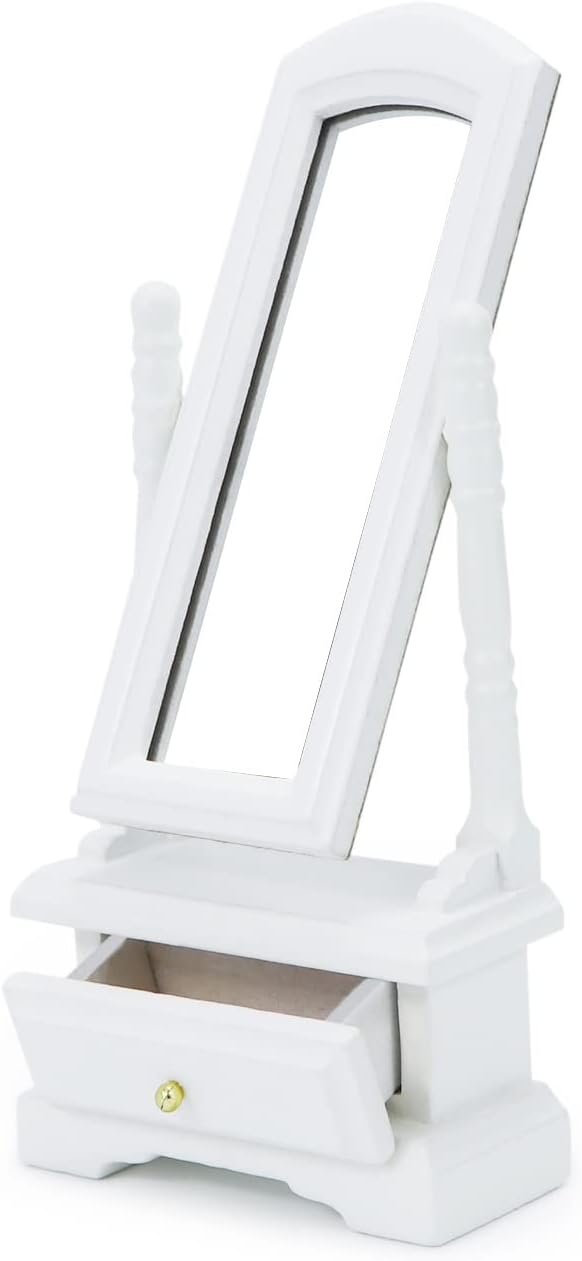 Miniature Furniture Fitting Mirror 1:12 Scale Dollhouse Bedroom Dressing Mirror with Drawer Model Accessory Mini Scene Ornament Desktop Decoration (White)
