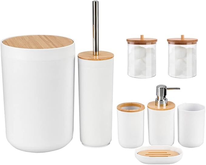 Bathroom Accessories Set, 8 Piece Bathroom Trash Can Set, White Bathroom Accessories, Bathroom Trash Can and Toilet Brush Set Include Toothbrush Holder Cup,Soap Dispenser,Soap Dish,Cotton Swab Can