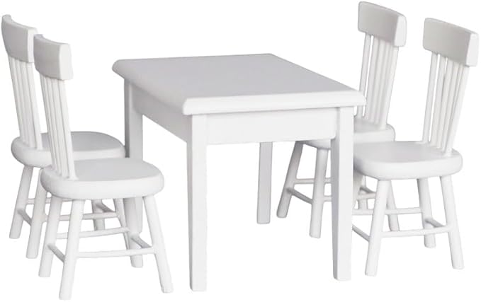 Miniature Table and Chairs Set for Dollhouse, 5Pcs 1:12 Scale Wooden Furniture Model, Mini Accessories for Kitchen, Dining Room, Breakfast, Tea Table Decoration (White)