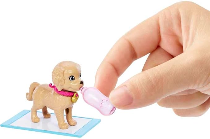 Barbie Pup Adoption Doll & Accessories Set with Color-Change, 2 Pets, Carrier & 10 Accessories, Brunette in Purple Dress