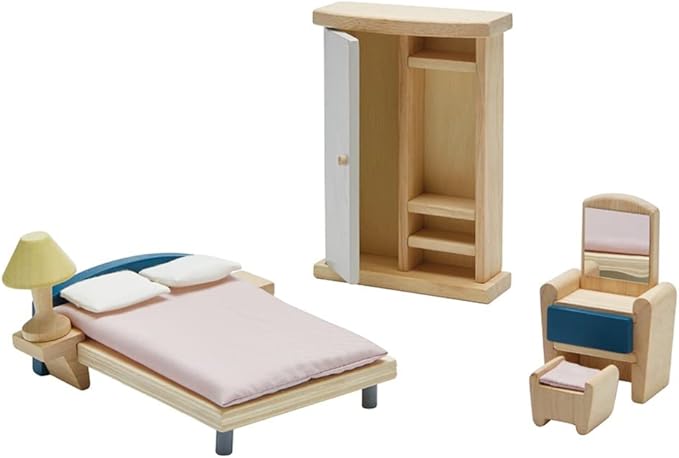 PlanToys® Wooden Bedroom Dollhouse Furniture Set in Orchard Shade for Kids | Montessori Small World and Home Routine Play | Eco Friendly Wooden Dollhouse Bedroom Set for Imaginative Play