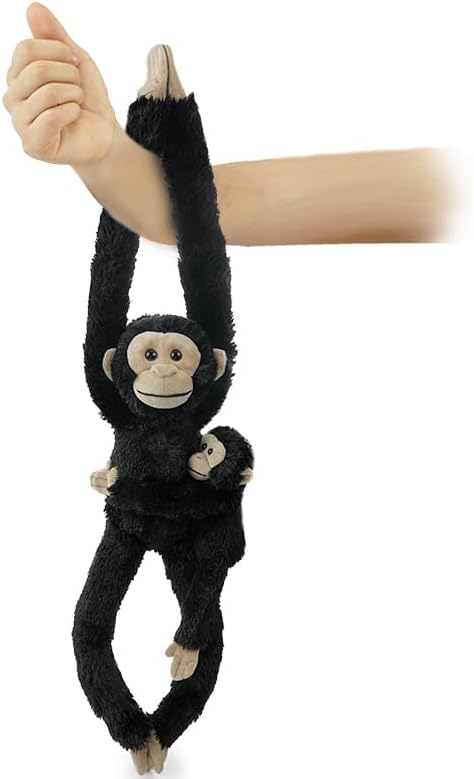 2pcs Chimpanzee Hanging Stuffed Animal Mother with Baby Hangs Plush Toys, Hooks and Stuffed Animals with Rings for Kids, Gifts for Boys and Girls（Black）