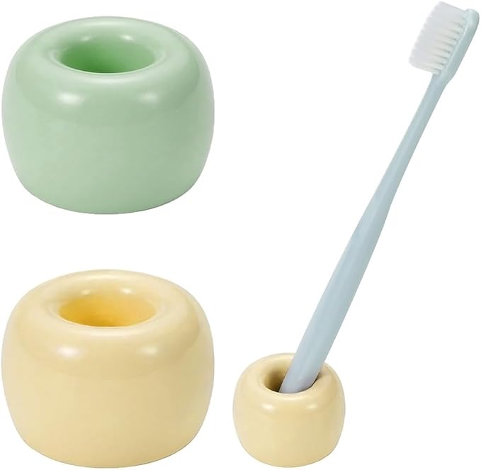 HalfofLife Mini Ceramics Toothbrush Holder Stand for Bathroom Vanity Countertop, Handmade Couple Toothbrush Head Holder, Shaver Holder and Office Pen Holder, Yellow&Green, Pack of 2