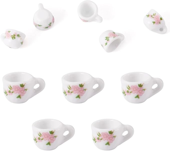 5Pcs Porcelain Mini Tea Cup Decorations 3D Ceramic Tea Set Miniature Model Ornaments Dollhouse Micro Landscape Decoration White with Pink Flower Garden Home Decor Accessories 16.5x12.5x9.5mm