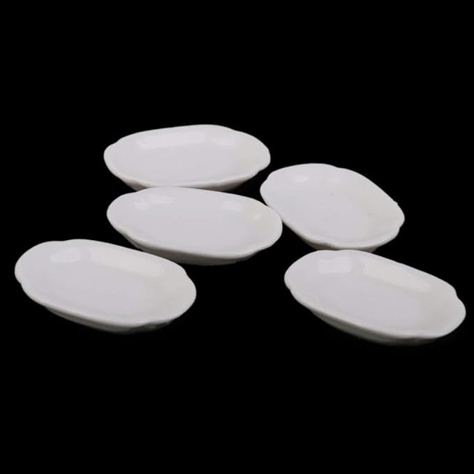 Dolls House Accessories, Dollhouse Dishes Miniature White Ceramic Plates Food Container Bowl Set 3.3×2.4cm 5PCS