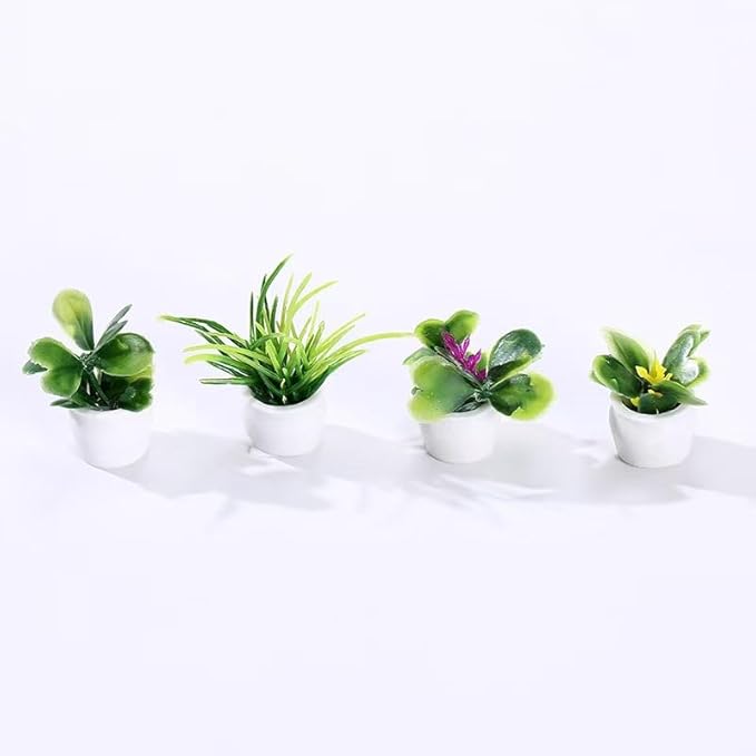 4 Pcs Miniature Potted Plant Set – 1:12 Scale Dollhouse Decoration, Green Bonsai Models with Different Flower Pots, Mini Plants for Desk, Fairy Garden Accessories & DIY Micro Landscape Decor.