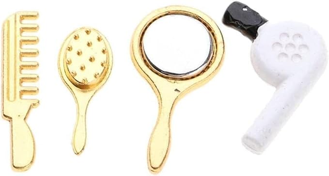Miniature Comb and Hair Dryer Set for Dollhouses, 4Pcs Mini Bathroom Accessories, Mirror and Makeup Decor for Dollhouse Displays