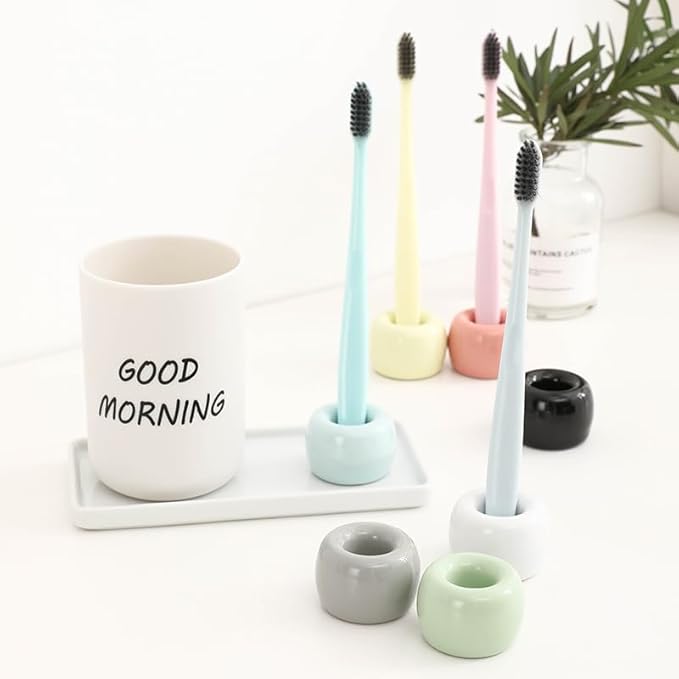 NiuYichee Set of 6 Sleek Mini Ceramics Toothbrush Holder, Small Ceramic Ring, Perfect Size for Bathroom Vanity Countertops