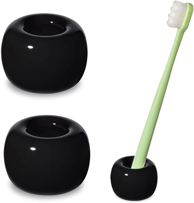 HalfofLife Mini Ceramics Toothbrush Stand for Bathroom Vanity Countertop, Handmade Couple Toothbrush Head and Shaver Holder, Office Pen Holder, 2-Piece Set Black