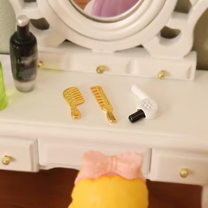 4Pcs Miniature Comb Hair Dryer Mirror Makeup Set /12 Dollhouse Decorations Hair Dryer Dollhouse Mirror Miniature Bathroom Accessory Furniture, Decorations