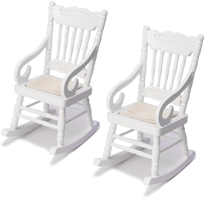 Dollhouse Chairs 2PCS Miniature Rocking Chair 1:12 Scale Wooden FurnitureAccessories Tiny Mini House Home Outdoor Cake Topper Decoration ModelLiving Room Scene Christmas Craft Displays (White)