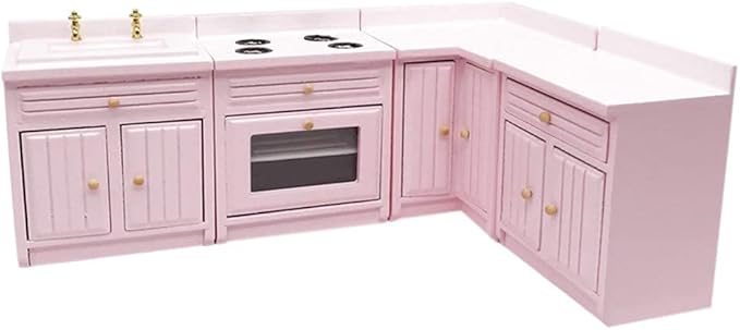 SXFSE Dollhouse Decoration Accessories,1:12 Dollhouse Miniature Furniture Wooden Kitchen Cabinet Set Freely Combined (Pink)