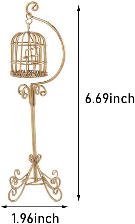Dollhouse Birdcage 1:12 Scale Accessories Miniature Bird Cage Floor Stand Openable Cage Alloy Birdcage Model Mini House Decoration Ornament (Golden)