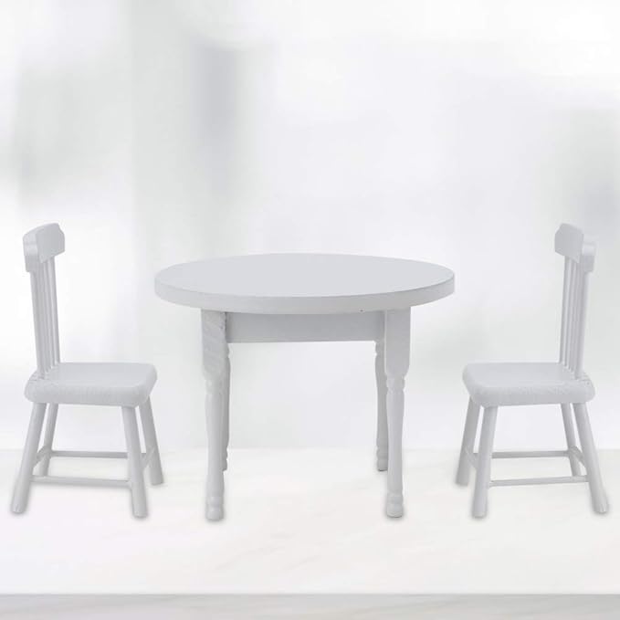 1/12 Scale Dollhouse Furniture Set, Wooden Table and 2 Chairs Miniature White Living Room Decor for Doll House Accessories (Three-Piece Table and Chair Set)