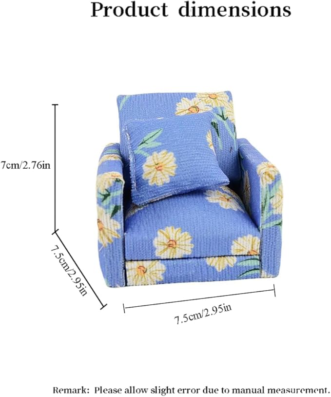 Funky Mini Home Miniature Dollhouse Cordurey Armchair with Pillow - 1:12 Scale Blue Floral Furniture Set Dollhouse Decor Accessories & Perfect Birthday (Blue)
