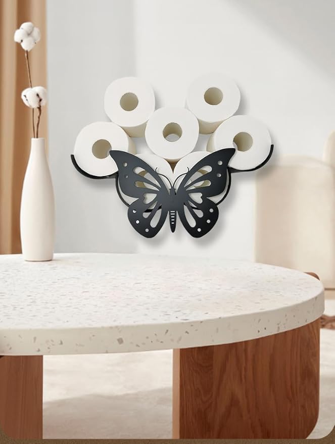 Cow Decorative Toilet Paper Holder Shelf, Cute Funny Tissue Iron Storage Stand Rack Iron Roll Paper Storage Bathroom Kitchen Accessories (Butterfly)