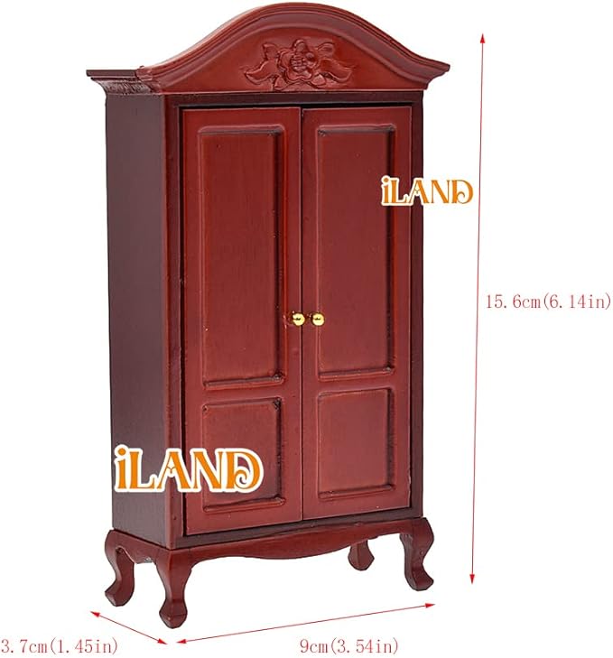 iLAND Wooden Dollhouse Furniture 1/12 Scale, Dollhouse Bedroom Furniture in Mahogany Color incl Dollhouse Bed & Dressing Table & Wardrobe (Classical Miniature Furniture 6pcs)