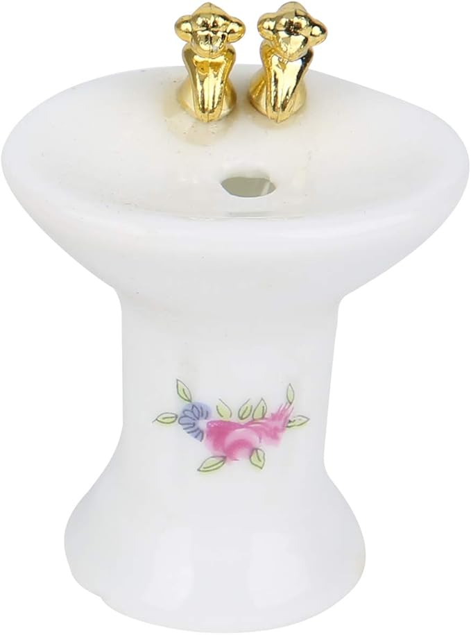 Aqur2020 1:24 Dollhouse Bathroom Set, Simulation Ceramic Bathtub Toilet Sink Kit with Metal Chain and Wood Lid for Miniature Dollhouse Bathroom Scene Decor (Rose)