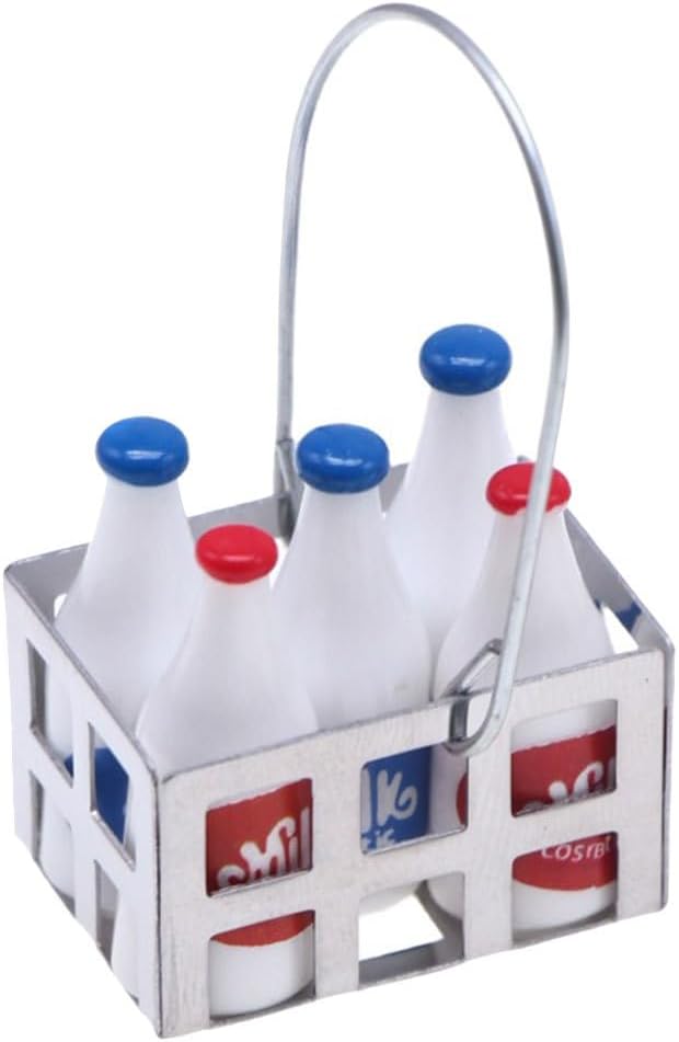 Amosfun Mini Milk Bottles Dollhouse Decoration Set 1:12 Scale Miniature Food Play Scene Layout Decoration - 5pcs Bottles and 1pcs Basket