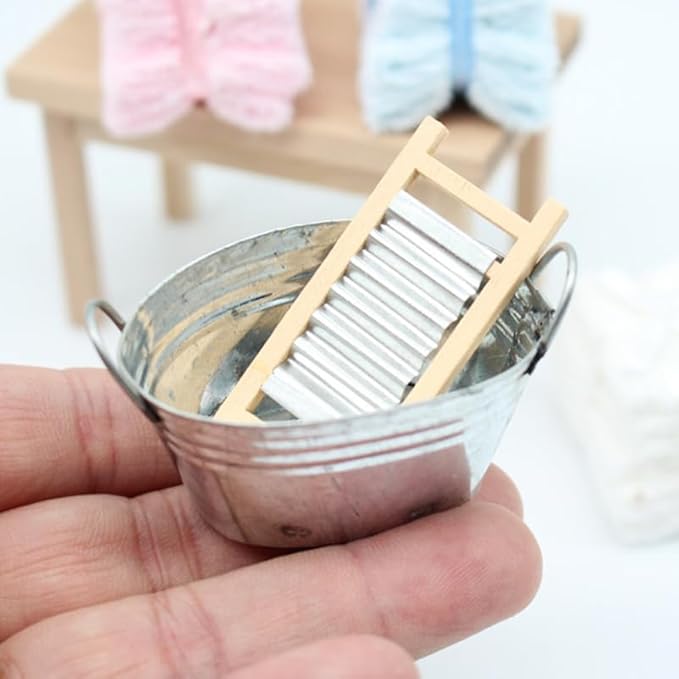 BESPORTBLE Mini Tinplate Basin Set of 2 Dollhouse Accessories Silver Iron Miniature Washboard for 1 12 Scale Doll House Bathroom Decor