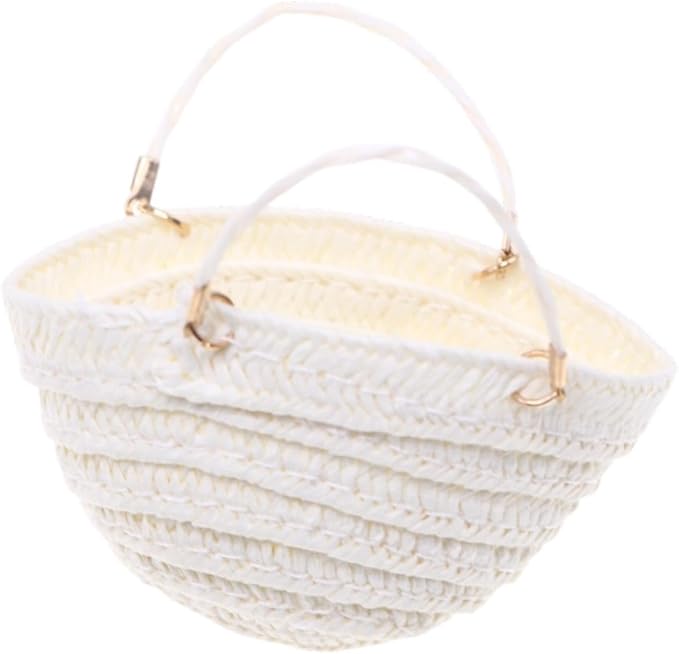 RCULWPLP 1/12 Scale Dollhouse Woven Handbag, Miniature Furniture Accessory, DIY Play Item, Tiny Basket, White