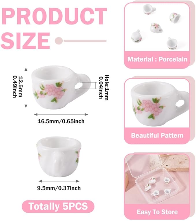5Pcs Porcelain Mini Tea Cup Decorations 3D Ceramic Tea Set Miniature Model Ornaments Dollhouse Micro Landscape Decoration White with Pink Flower Garden Home Decor Accessories 16.5x12.5x9.5mm