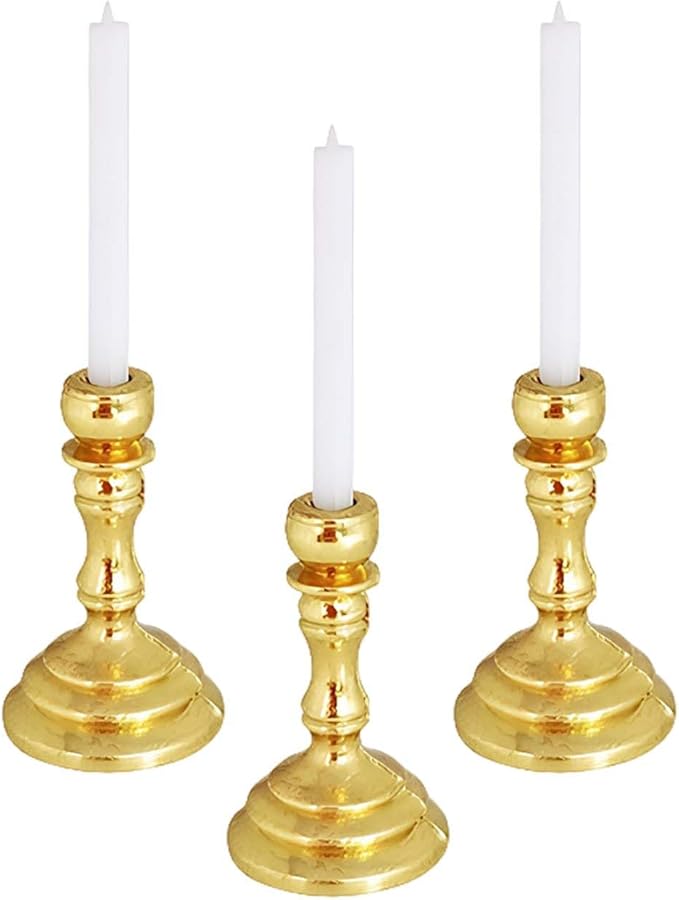 3-Piece Dollhouse Miniature Candle Holder Set, Vintage Style Simulation Candlesticks, 1/12 Scale Candles for Doll House Desk Ornament & Fairy Garden Decor （Gold