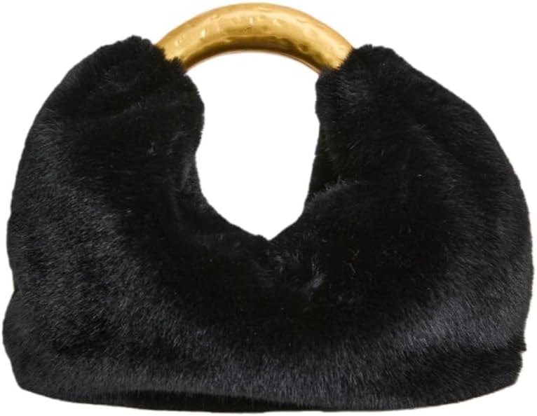 Black Faux Fur Handbag with Gold Metal Handle, Half Moon Top Handle Winter Bag