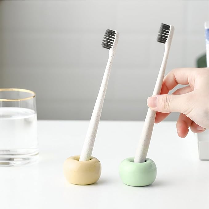 HalfofLife Mini Ceramics Toothbrush Holder Stand for Bathroom Vanity Countertop, Handmade Couple Toothbrush Head Holder, Shaver Holder and Office Pen Holder, Yellow&Green, Pack of 2