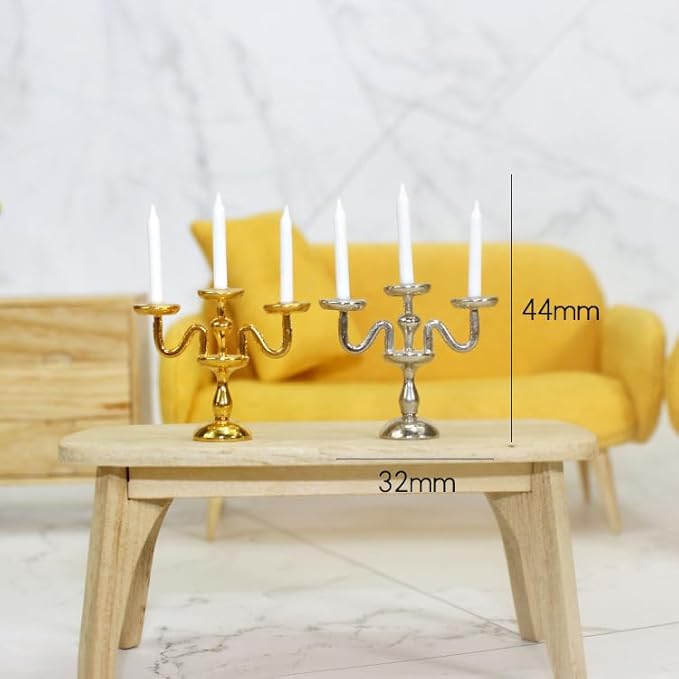 Gold 1/12 Miniature Candlestick Candelabra with Candles Dollhouse Accessories, 3-arms