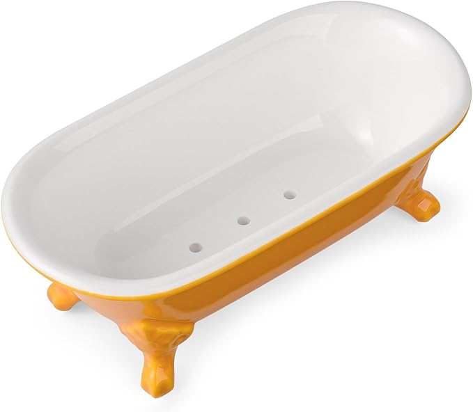 NEWHENGS 6.5" Ceramic Mini Decorative Clawfoot Bathtub Bar Soap Dish, Kitchen Sponge Holder and Shower Tray for Bathroom, 1 Pack(Golden Yellow)
