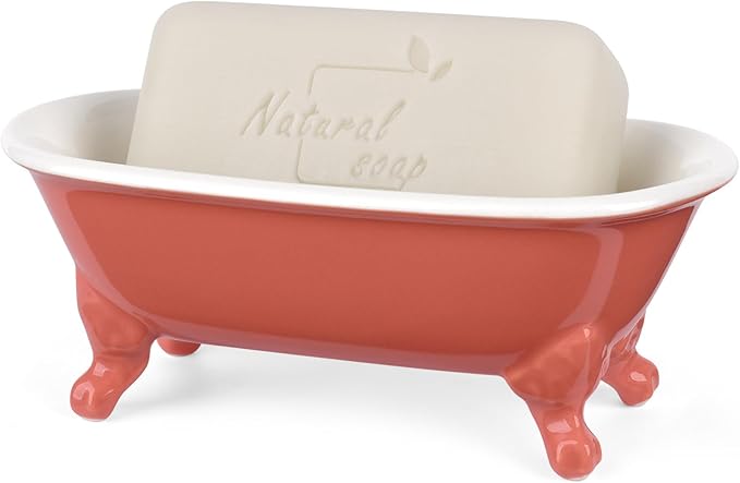 NEWHENGS 6.5" Ceramic Mini Decorative Clawfoot Bathtub Bar Soap Dish, Kitchen Sponge Holder and Shower Tray for Bathroom, 1 Pack(Coral)