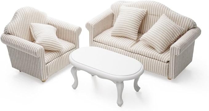 Odoria 1/12 Miniature White Coffee Table and Upholstered Chair Sofa Set Mini Armchair Striped Khaki Couch Miniatures Dollhouse Furniture Accessories Doll House Accessory
