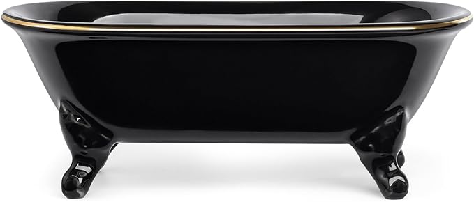 NEWHENGS 6.5" Ceramic Mini Decorative Clawfoot Bathtub Bar Soap Dish, Kitchen Sponge Holder and Shower Tray for Bathroom, 1 Pack (Black Gold Rim)