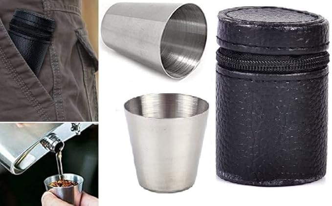 Billion Deals Shot Glasses Stainless Steel 4 Piece 1 Ounce Vessel Mini Portable Wine Travel Camping Drinking Mug Coffee Beer Cup with 1 Black Leather Case