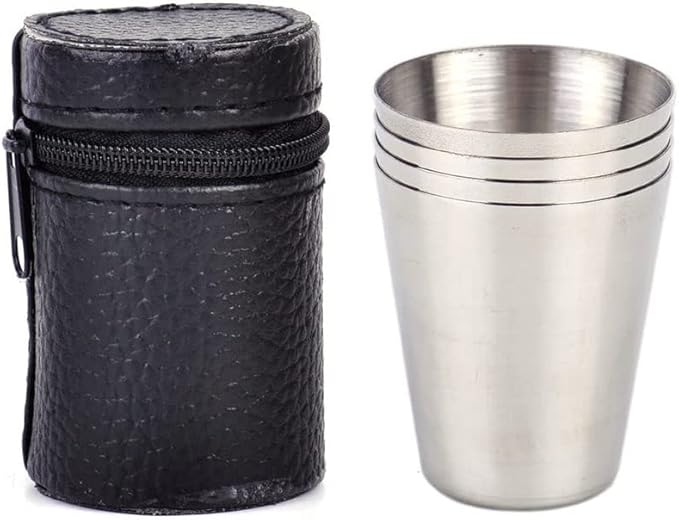Billion Deals Shot Glasses Stainless Steel 4 Piece 1 Ounce Vessel Mini Portable Wine Travel Camping Drinking Mug Coffee Beer Cup with 1 Black Leather Case