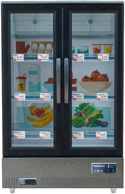 1/20 Scale Mini Food-Play Realistic Double-Door Fridge Model, Miniature Kitchen Supermarket Props, Pretend-Play Fridge Set (Dark Grey Refrigerator + 60 Random Items + Shopping Cart/Light-Up