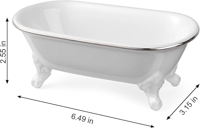 NEWHENGS 6.5" Ceramic Mini Decorative Clawfoot Bathtub Bar Soap Dish, Kitchen Sponge Holder and Shower Tray for Bathroom, 1 Pack (White Silver Rim)