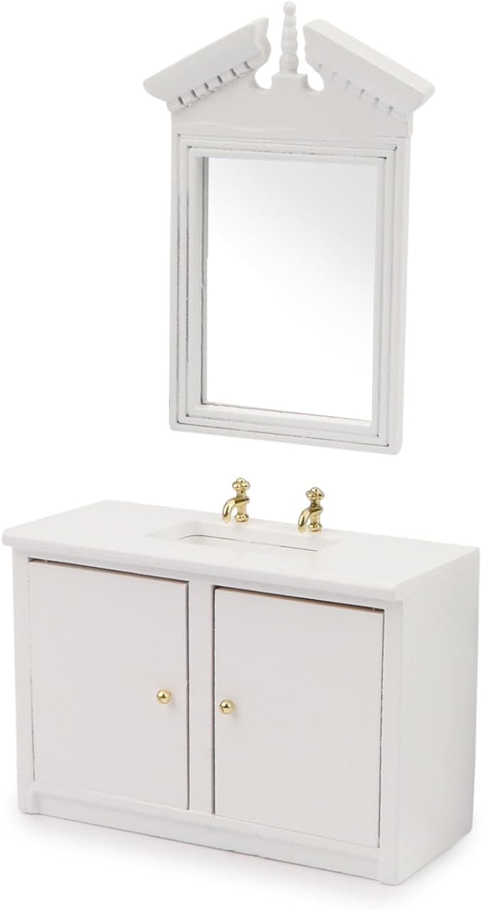 Dollhouse Furniture 2PCS Miniature Sink Cabinet & Mirror Set, Doll House Cabinet 1/12 Wash Table for Bathroom Washbasin Furnishing Accessories