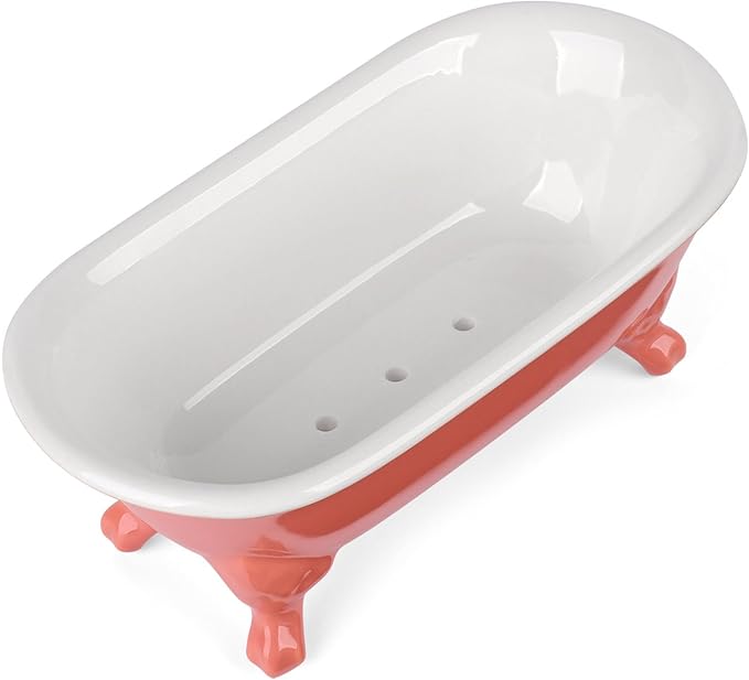 NEWHENGS 6.5" Ceramic Mini Decorative Clawfoot Bathtub Bar Soap Dish, Kitchen Sponge Holder and Shower Tray for Bathroom, 1 Pack(Coral)