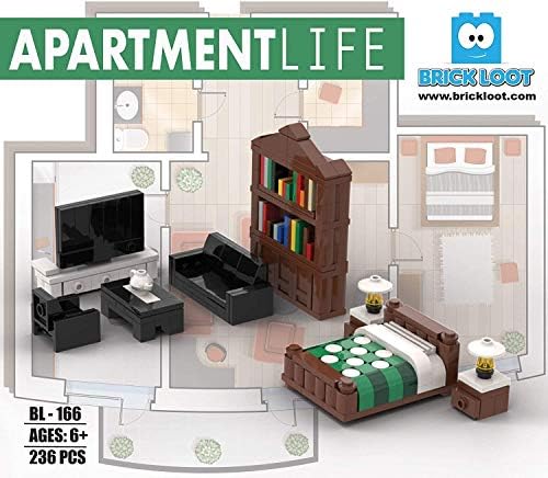 Brick Loot Toy Building Blocks Furniture Set – Minifigure City for Adults & Kids Age 6+, 100% Compatible with Lego & Major Brands, Includes Sofa, Bed, Bookshelf, TV, 236 Pieces