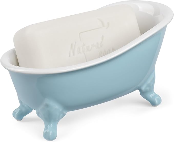 NEWHENGS 6.1" Vintage Ceramic Mini Decorative Clawfoot Bathtub Bar Soap Dish, Kitchen Sponge Holder and Shower Tray for Bathroom, 1 Pack (Baby Blue)