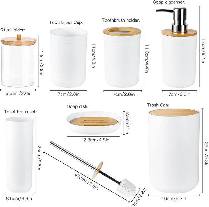 OTOSTAR Bathroom Accessories Set 8-Piece Bamboo Gift Set Bathroom Accessory Set with Trash Can 2 Qtip Holder Jars Soap Dispenser Toothbrush Holder Tumbler Cup Soap Dish Toilet Brush Holder (White)